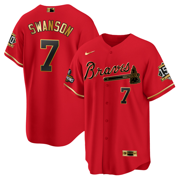 Men's Atlanta Braves #7 Dansby Swanson 2021 Red/Gold World Series Champions With 150th Anniversary Patch Cool Base Stitched Jersey